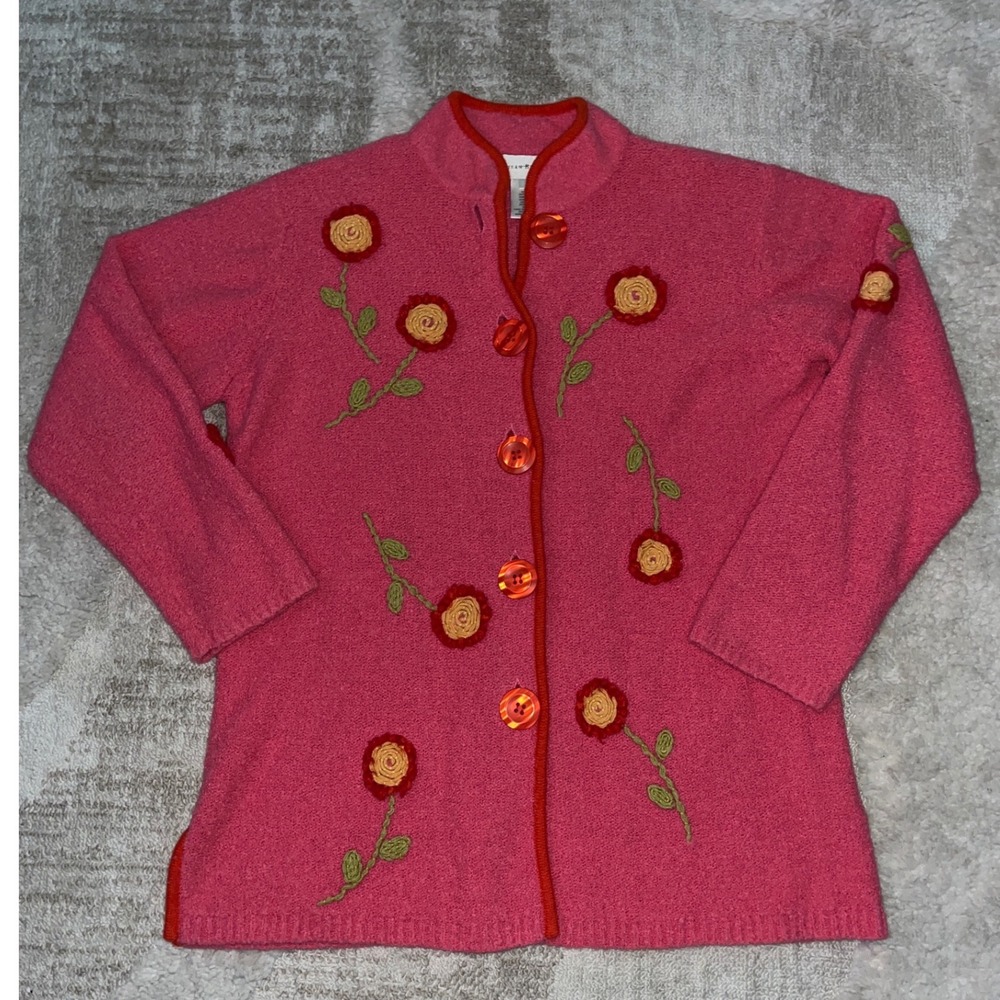 Susan Bristol Vintage Pink Hand Embroidered Floral Cardigan Sweater Large Womens